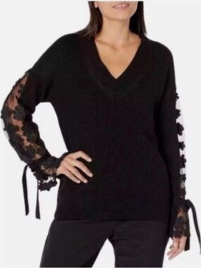 French Connection Caballo Lace Sweater NWT Blue-Black Size M V-Neck Long Sleeve